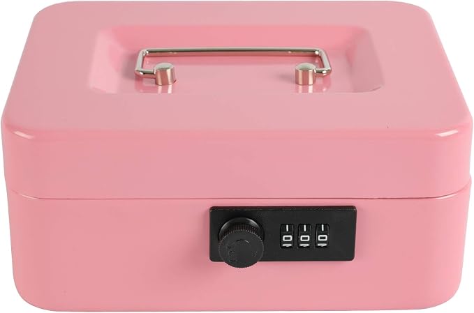 xydled Steel Cash Box Safe with Combination Lock,Money Safe Box with Removable Coin Tray,Medium,7.87"x 6.30"x 3.54",Pink