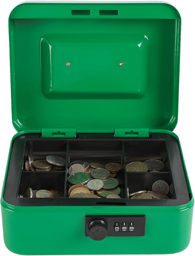 xydled Cash Box with Money Tray,Locking Cash Box with Combination Lock,Money Box with Removable Coin Tray,Medium,9.84 inchx 7.87 inchx 3.54 inch,Green