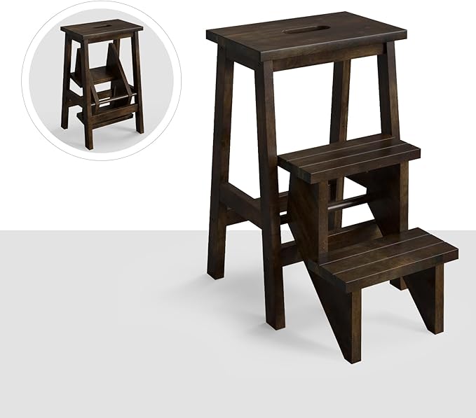 Costzon Folding 3 Step Stool, 3 in 1 Wooden Step Ladder with Handle, Non-Slip Pedal, Multifunctional Storage Shelf, Flower Rack for Kitchen, Library, Garage, Foldable Step Stool for Adults Kids