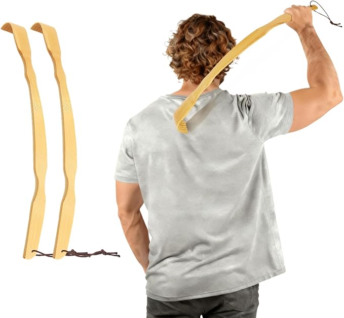 Wooden Bamboo Back Scratcher, 17" Natural Handmade Curved 2PCS | Back-Scratchers for Men and Women, New Upgraded Long Handle Body Massager, Gifts for Adults and Elderly