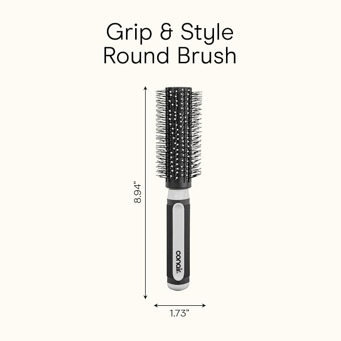 Conair Grip & Style Round Brush, Nylon Bristle Hair Brush for Blowout Styling, Ideal for Coarse, Curly, Wavy Hair, Color May Vary