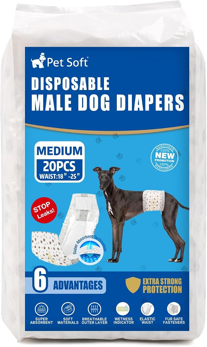 Pet Soft Dog Diapers Male - Disposable Male Dog Wraps Wetness Indicator, Ultra Absorbent Doggie Diapers Comfortable for Incontinence Excitable Urination, 20pcs Medium