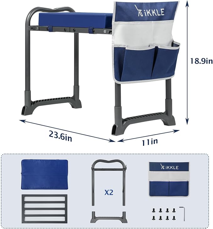 ikkle Heavy Duty Garden Kneeler and Seat, 838LB+ Capacity | Gardening Stool with Thicken & Widen Soft Kneeling Pad, Foldable Gardener Stool with Tool Pouch, Gift for Women, Gardeners