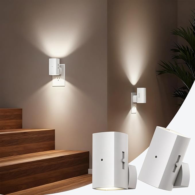 Brightown 2 Pack White Night Lights with Rotating Plug, Pure White | Modern Night Light with Rotating Plug, Dusk to Dawn Sensor, 0-100LM Stepless Dimming Night Light for Hallway Bedroom Bathroom