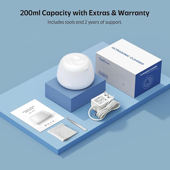 Ultrasonic Retainer Cleaner Machine 48kHz Denture and Aligner Cleaning Pod for Mouth Guards Night Guards Dental Trays Braces Toothbrushes Jewelry with 200ML Capacity (White)