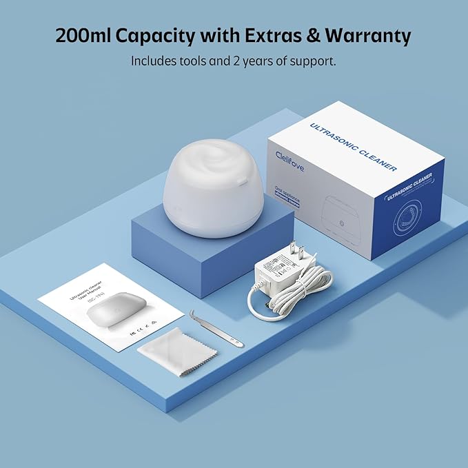 Ultrasonic Retainer Cleaner Machine 48kHz Denture and Aligner Cleaning Pod for Mouth Guards Night Guards Dental Trays Braces Toothbrushes Jewelry with 200ML Capacity (Blue)