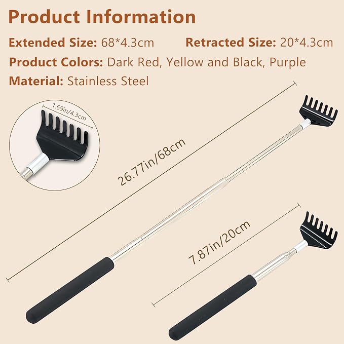 3-Piece Portable Extendable Back Scratcher Set, Telescopic Back Scratchers for Women and Men, Stainless Steel Body Massagers with Rubber Grips