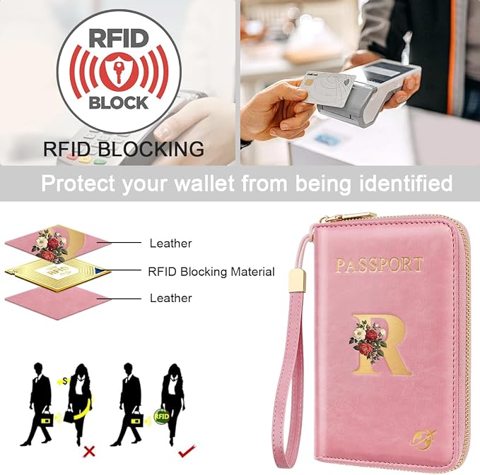 Passport Holder for Travel Personalized Wallet with Wristlet Women | All-in-One Passport Cover, RFID Blocking, Back Coin Pocket, Paper Money Slot, Zipper Closure, Roses Initial Letter, Pink R