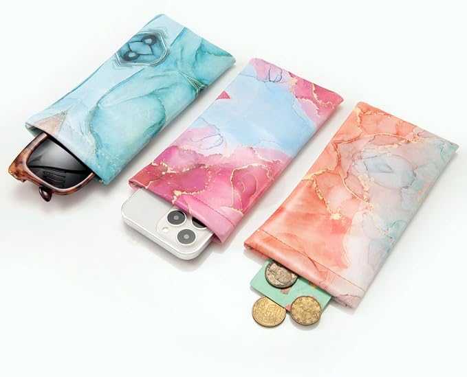 TRIUMPH VISION Eyeglass Case Glasses Case Soft Sunglass Pouch Sleeve 3 Pack | Slim Lightweight Alternative to Bulky Case, Leather Lined Protect Lens, Squeeze Easy to Use, Stylish Portable for Daily Use