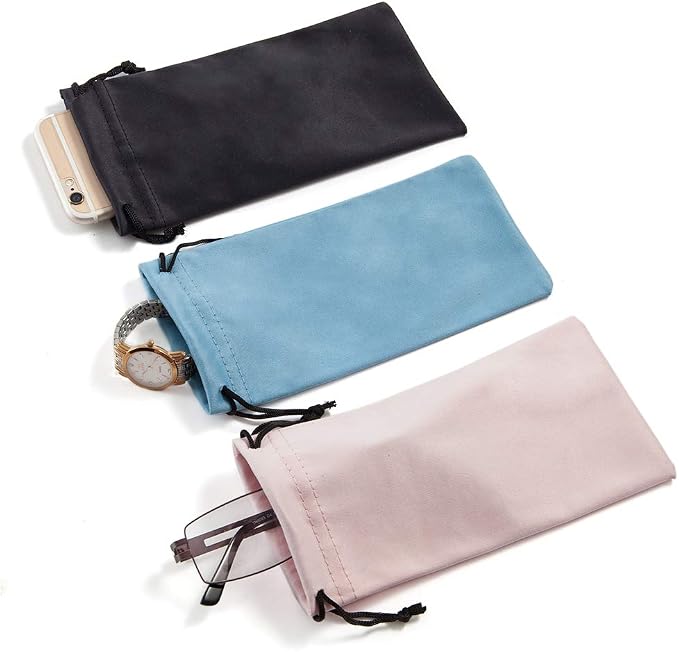 TRIUMPH VISION Glasses Case Soft Eyeglass Case Sunglass Pouch Cloth 3 Pack | Thick Microfiber Pouch Drawstring Pouch Eye Glass Bag Sunglasses Sleeve Storage, Lens Protection Cover,Cleaning Lens Screen
