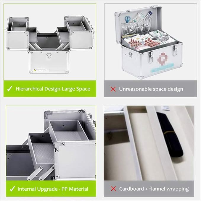 Nurth First Aid Kit Lockable First Aid Box Security Lock Medicine Storage Box with Portable Handle,Medication Lock Box 3 Tier Design/Precription Storage Box Large Space 14 × 9.8 × 11inch (Silver)