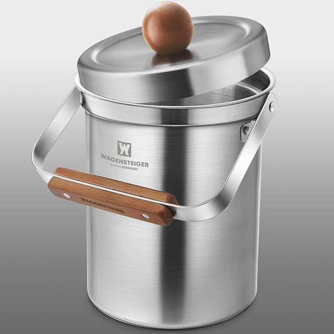 WAGENSTEIGER Kitchen Countertop Compost Bin 101ounces / 3Liters with Airtight Lid, SUS304 Stainless Steel Odor-Free Food Waste Bin with Wooden Handle Stylish Design/Bathroom Trash Can (Silver)