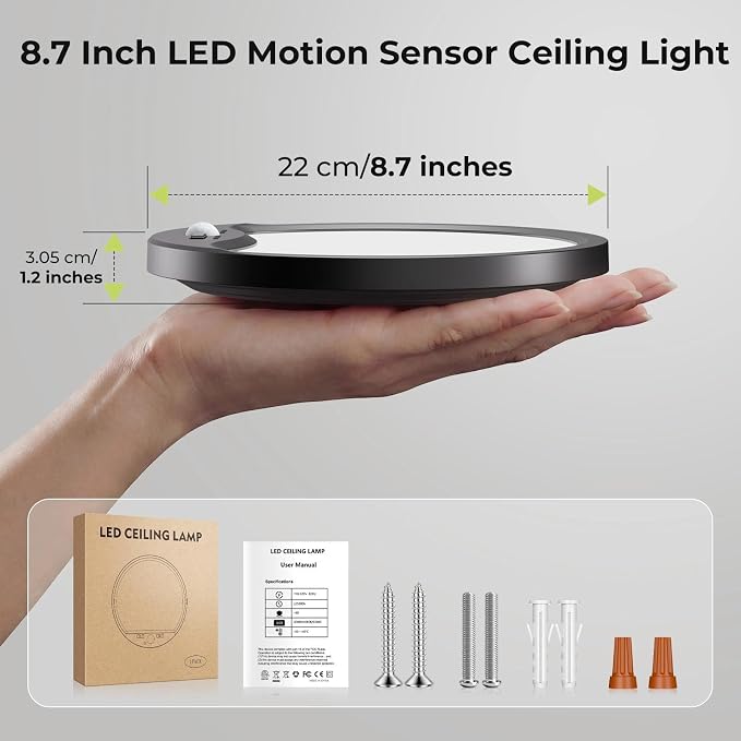 hepside 4 Pack Motion Sensor Ceiling Light Wired, 3000K/4000K/6500K LED Flush Mount Ceiling Light Fixture, 8.7Inch 18W Motion Sensor Light with Timer for Closet Stair Porch Hallway Pantry,Black