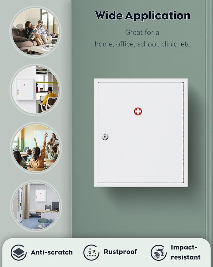 Uniclife Wall Mount Medicine Cabinet with Key Lock Locking First Aid Cabinet Lockable Medical Cabinet Large Capacity Medicine Organizer Secure Steel Wall Cabinet Metal Storage Box, White