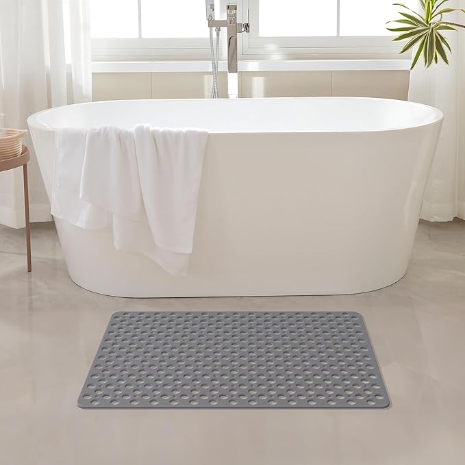 Yolife Large Shower Mat, 35 x 24 inch Non Slip Shower Mats for Inside Shower with Drain Hole, No Odor Soft TPE Shower Floor Mat, Extra Large Non Slip Shower Mat with Suction Cups, Grey