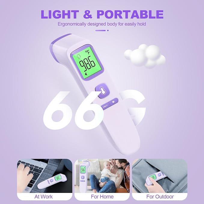 No-Touch Thermometer for Adults, Kids, Babies, 1-Sec Fast Accurate (Purple) | Fever Alarm, Large LCD with 3-Color Backlight, Silent Mode, 35-Reading Memory, Forehead & Object Mode, for Home & Clinic