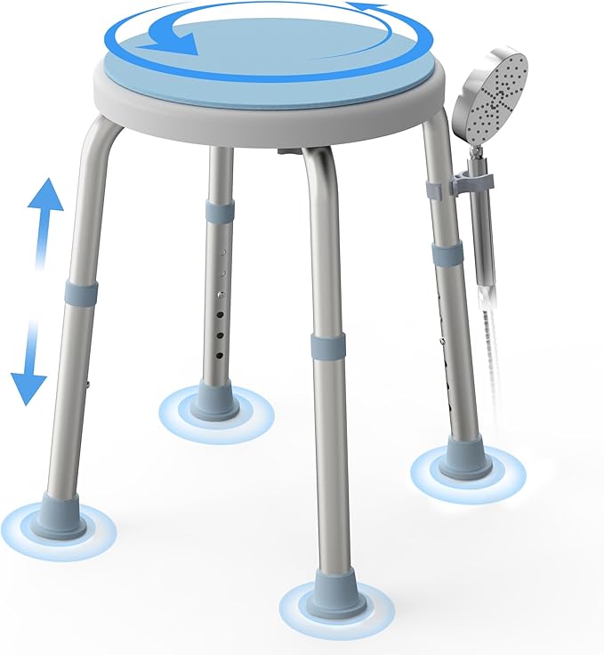 Swivel Shower Stool for Inside Shower, 360° Rotating Bath Stool with Non-Slip Seat Pad, Adjustable Shower Chair for Seniors with 6 Height Levels, Lightweight Seat Supports 300 lbs, Tool-Free Assembly