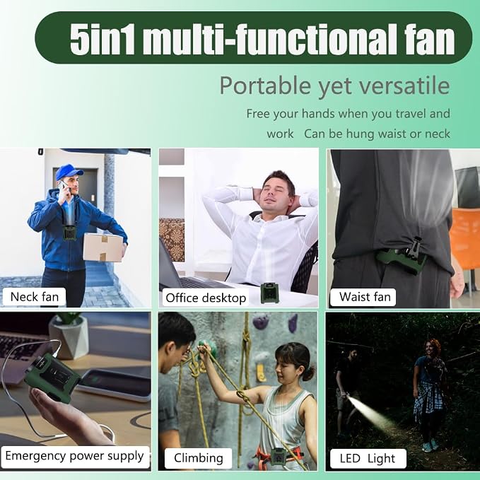 CAZOKASI Personal Waist Clip Fan Rechargeable Wearable Hand Free Wearable Cooler Fan for Traveling Working Outdoor Office (10000mAh / Green)