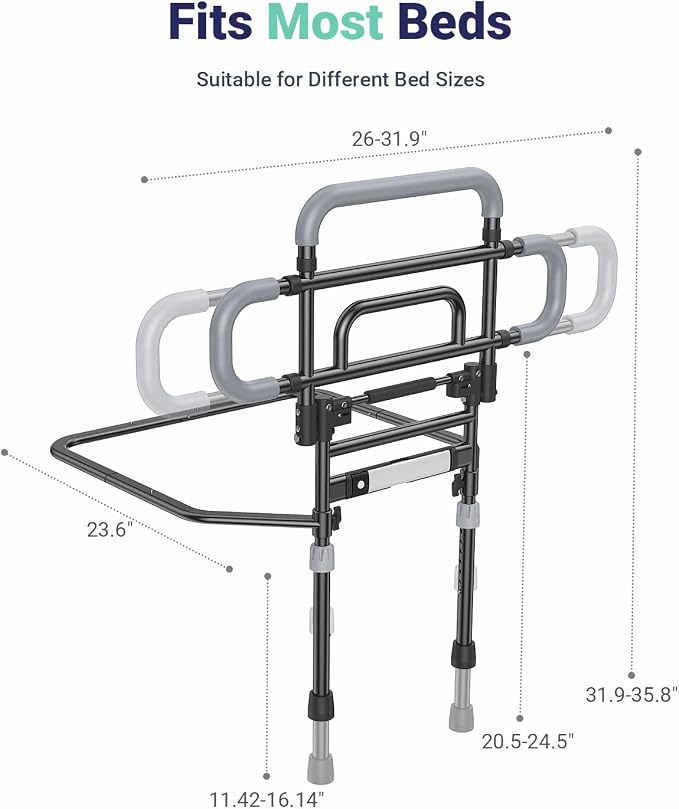 Bed Rails for Elderly Adults Safety, 180° Foldable Bed Rail with Adjustable Height & Width, 350lb Load, Extra-High Design, Wide Base, LED Light & Storage Pockets – Fits King/Queen/Full/Twin Beds