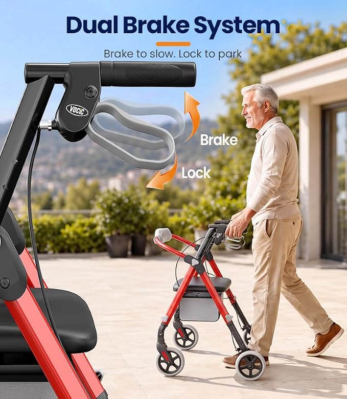 VOCIC Z11 Rollator Walkers for Seniors with Seat, 500 LBS Load, Ultra Wide | High-capacity support, 23" wide frame, ergonomic seat, dual brakes, and slim fold for home, shopping & daily walks, Red