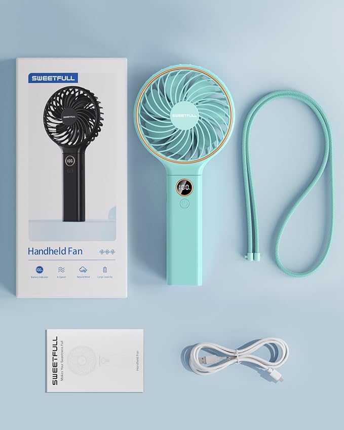 SWEETFULL Handheld Fan, Portable Fan, 5000mAh Rechargeable Battery, 6 Speed Wind, LED Display, Personal Mini Travel Fan with Backup Power, Hand Held Fan USB Foldable Electric Fan for Women Girl