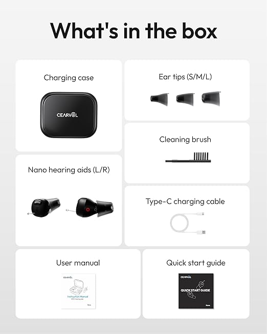Cearvol-Nano OTC Hearing Aids for Seniors Rechargeable with Hygiene Light Case Noise Reduction Feedback Cancellation 54 Hours Battery with Case Discreet in-Ear, Midnight