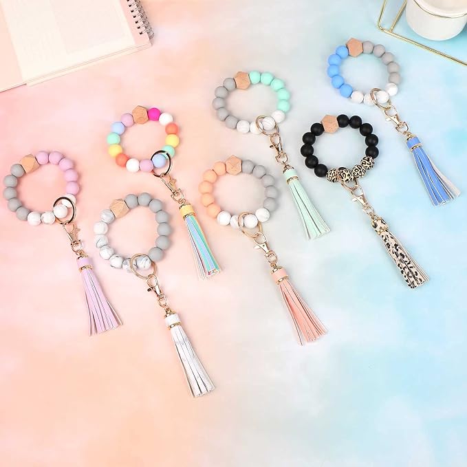 BAOSIWA Silicone Beaded Bracelet Keychain Wristlet Key Ring Bangle Chains for Women with Leather Tassel