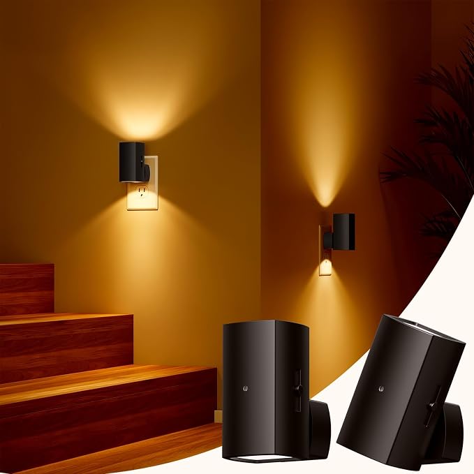Brightown 2 Pack White Night Lights with Rotating Plug, Amber | Modern Night Light with Rotating Plug, Dusk to Dawn Sensor, 0-100LM Stepless Dimming Night Light for Hallway Bedroom Bathroom