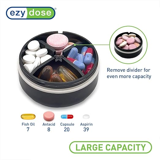 EZY DOSE Mini Pill Organizer, 4-Compartment Vitamin & Medication Case with Screw-Top Secure Seal + Sliding Dispenser, Compact Bottle-Replacement for Purse, Work, Cruise & Travel, Small, Black/Cream