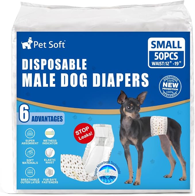 Pet Soft Dog Diapers Male - Disposable Male Dog Wraps Wetness Indicator, Ultra Absorbent Doggie Diapers Comfortable for Incontinence Excitable Urination, 50pcs Small