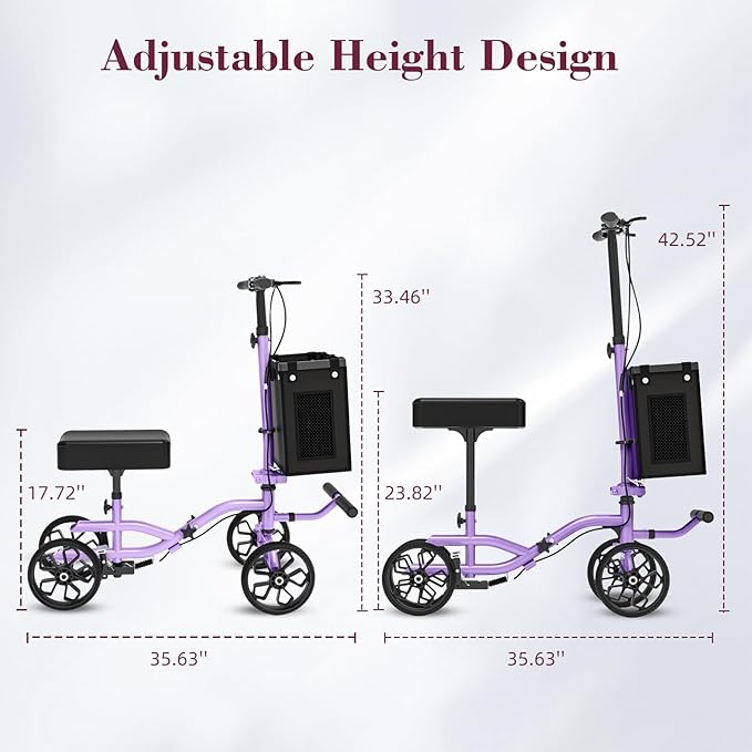 Lightweight Knee Scooter Crutch Alternative, Foldable & Adjustable Knee Scooter for Adults for Foot Surgery, Steerable Knee Walker with Detachable Basket, Includes DIY Stickers-Cream Purple
