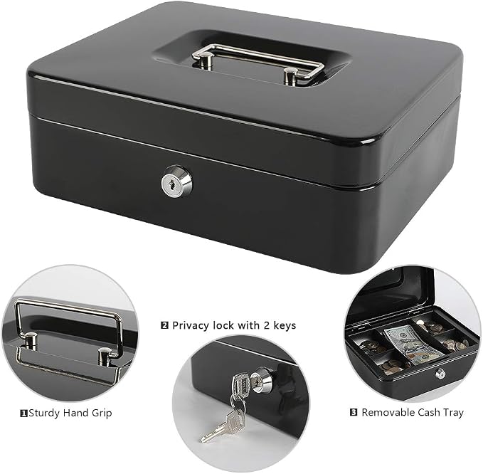 xydled Locking Steel Large Cash Box with Removable Coin Tray and Key Lock,9.84"x 7.87"x 3.54",Black