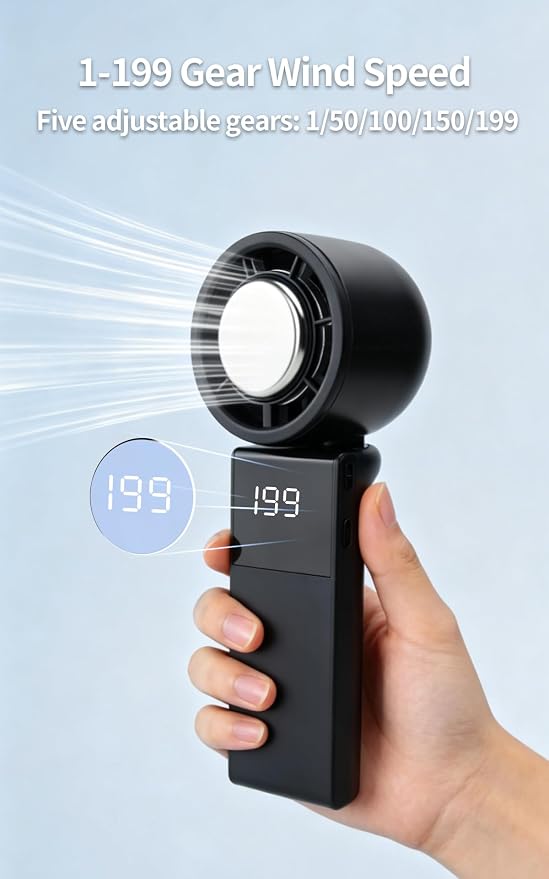 Portable 3-in-1 Handheld Neck Fan, Semiconductor Cooling, 4000mAh Up to 13H Runtime, 11000RPM 7M/S Wind, 5 Speed Adjustable Quiet 50dB Foldable Personal Fan for Outdoor Office Travel(Black)