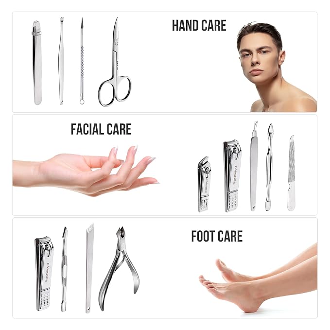 FAMILIFE Manicure Set, Nail Professional Kit Manicure Kits Nail Clipper Sets, 13PCS Stainless Steel Pedicure Sets Mens Grooming Tool, with Brown Leather Travel Case for Men