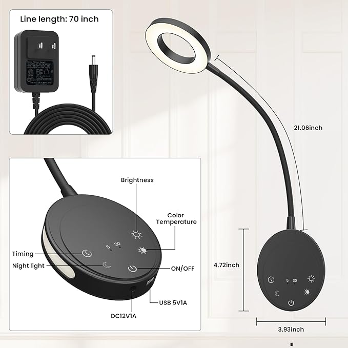 Wall Mounted Reading Light,Headboard Reading Lamp with 5 Color Temperature &5 Dimming,360°Flexible Gooseneck,USB Output, Night Light&Timer Function- Perfect for Reading in Bed Black 2 PCS