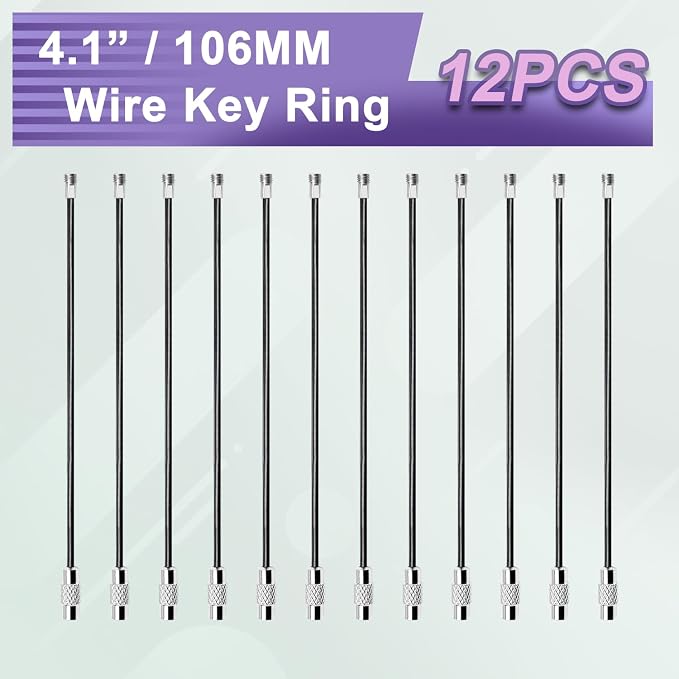 12 Pack 4" Key Ring Wire Keychain Cable Keyring Keychain Holder Clips Small Loops for Car Keys, Luggage Tags, Bag Tags, Crafts (Black, 2mm)