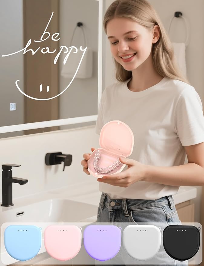 2Pack Retainer Case, Compatible with Invisalign, Slim Aligner Case with Vent Holes, Portable Orthodontic Box with Removal Tool, Brush and Lanyard, Pink