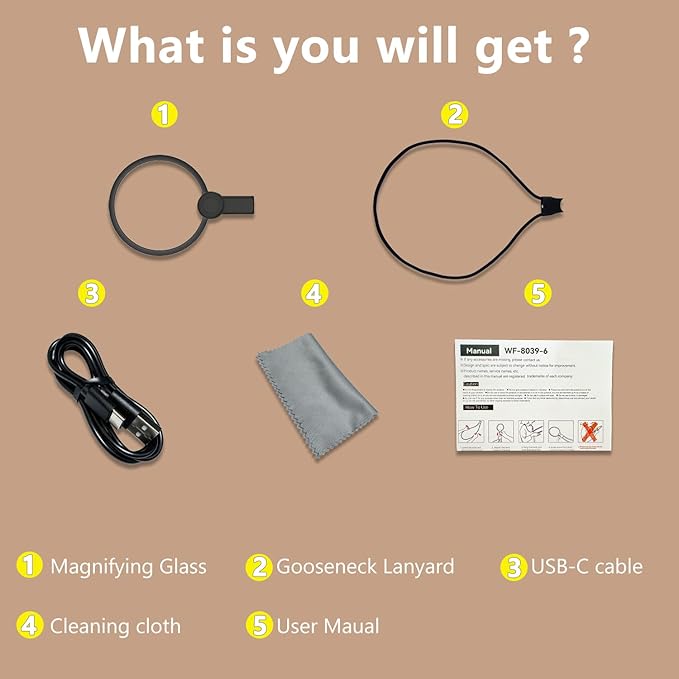 6X Hands-Free Magnifying Glass with Light, Rechargeable Neck Magnifier 24 LED for Reading, Crafts, Cross Stitch - Adjustable Brightness for Low Vision Seniors & Close Work