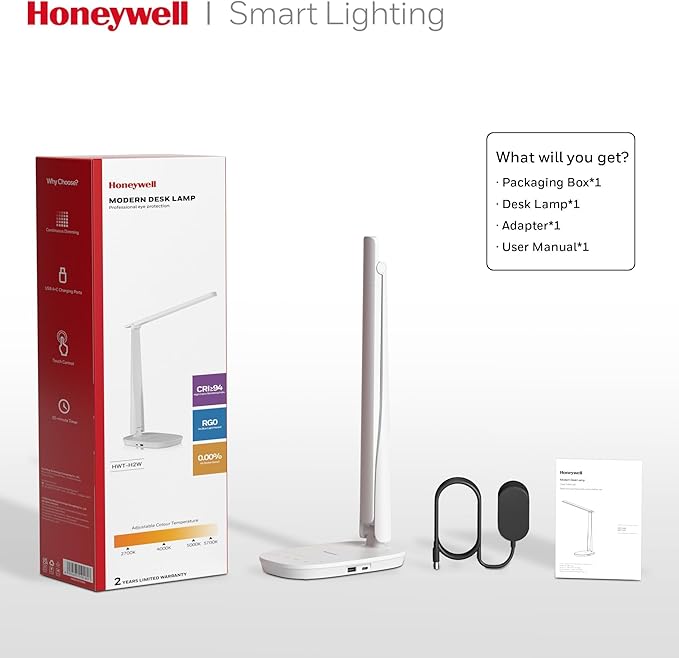Honeywell LED Desk Lamp - HWT-H2 Sunturalux™ Eye-Caring Foldable Desk Light with USB A+C Dual Charging Port 4 Color Modes Dimmable Table Lamp for Home Office Bedroom Reading Study Work - White