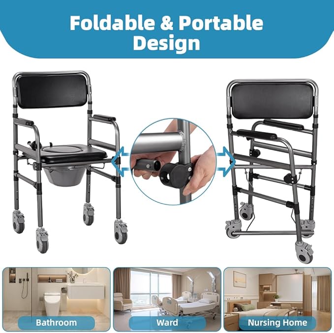Bedside Commode Chair Foldable Height-Adjustable Toilet Chair with PU Seat 3" Locking Wheels,400lbs Capacity, 22.8-40.6" Adjustable Foldable Shower Chair (Toilet-Round)