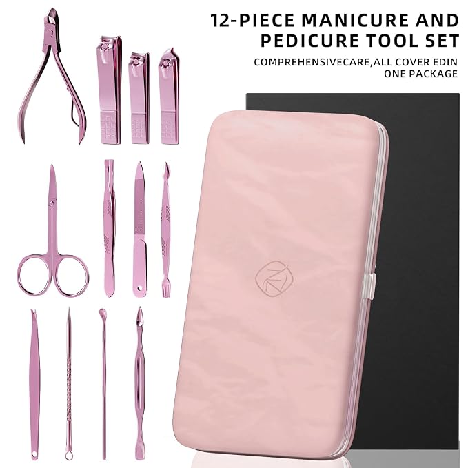 Manicure Set, Stainless Steel Nail Clipper Set with Travel Case | 12-Piece Set with Thicker Steel, Precision-ground Cutting Edges, and Smooth-finished Tools for Clean, Precise Trimming.