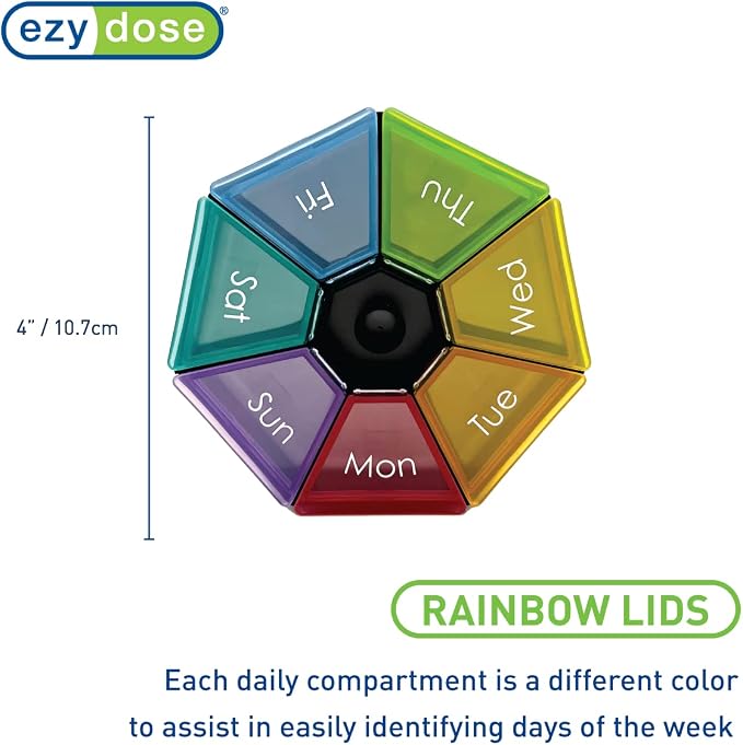 EZY DOSE Weekly Pill Organizer and Planner, Travel Pill Planner, 7-Sided, Rainbow Colors