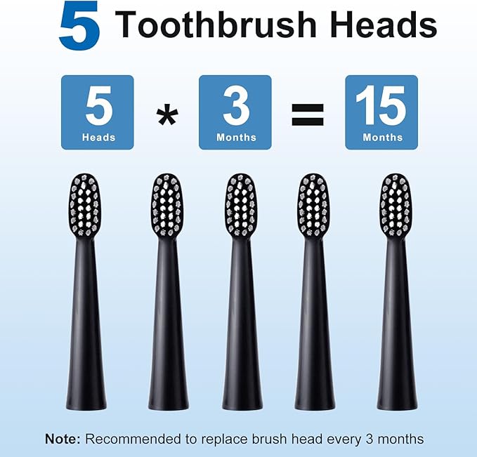 Sonic Electric Toothbrush Set for Adults, 5 Modes Rechargeable Toothbrush with 5 Brush Heads, 50-Day Battery Life, IPX7 Waterproof, 2-Min Smart Timer (Black)