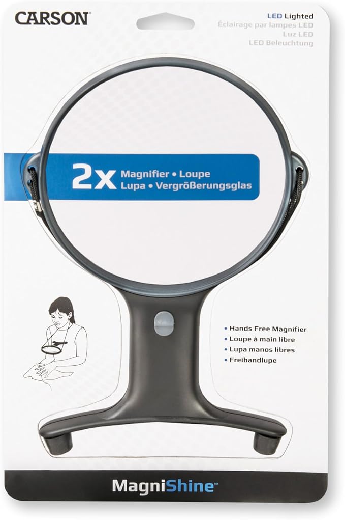 Carson Optical MagniShine LED Lighted 2x Power Hands-Free Magnifier (HF-66) , Black | Dual LED Hands-Free Lighted Magnifying Glass - for Reading, Crafts, and Needlepoint with Adjustable Neck Strap (HF-66)
