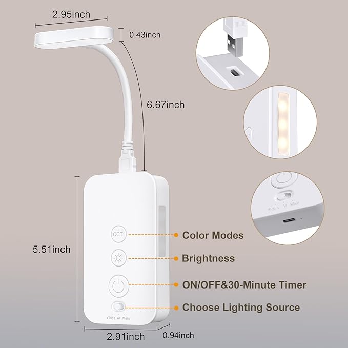 Ellasay Wall Mounted Reading Light: Dimmable LED Book Lights with Timer & Memory - Adjustable Gooseneck USB Powered - Easy Install for Kids Bedroom/Dorm Room/RV 1 Pack (White)