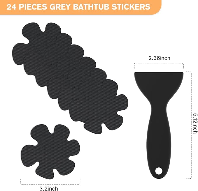 Non Slip Bathtub Stickers, 24 PCS Shower Safety Decals - Bathtub & Shower Floor Non Slip Stickers, Adhesive Decals Scraper for Stairs & Ladders (Flower Shape, Black)