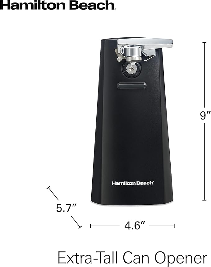 Hamilton Beach Extra-Tall Electric Can Opener Knife Sharpener | Easy-Clean Detachable Cutting Lever & Blade | Cord Storage | Automatic Shutoff | Black | 76702J