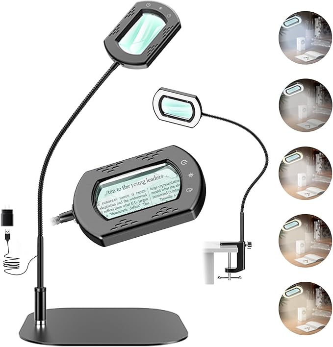 15X Large Magnifying Glass with Light and Clamp,5 Color Modes Stepless Dimmable,Lighted Magnifier with Stand Hands Free,Flexible Gooseneck Reading Magnifier for Seniors,Work, Craft,Reading