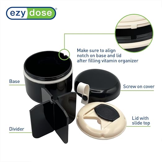 EZY DOSE Mini Pill Organizer, 4-Compartment Vitamin & Medication Case with Screw-Top Secure Seal + Sliding Dispenser, Compact Bottle-Replacement for Purse, Work, Cruise & Travel, Medium, Black/Cream
