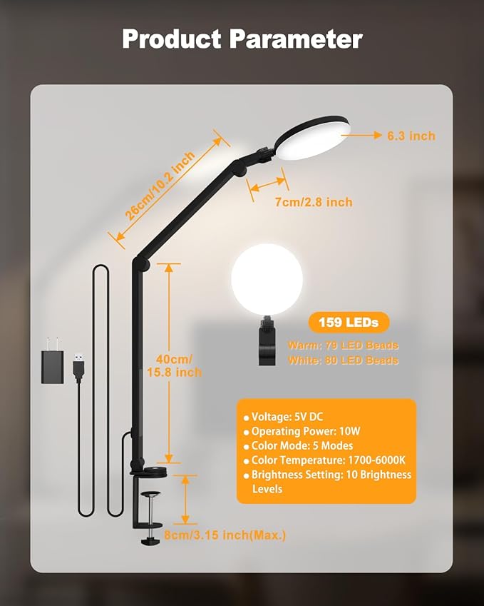 Desk Lamp, ZAPLIT 10W LED Desk Light with Clamp & Adjustable Arm for Home Office, Touch Control Eye-Care Light for Reading with 5 Color Temps (1700K-6000K) & 10 Brightness, Timer, USB Adapter Included